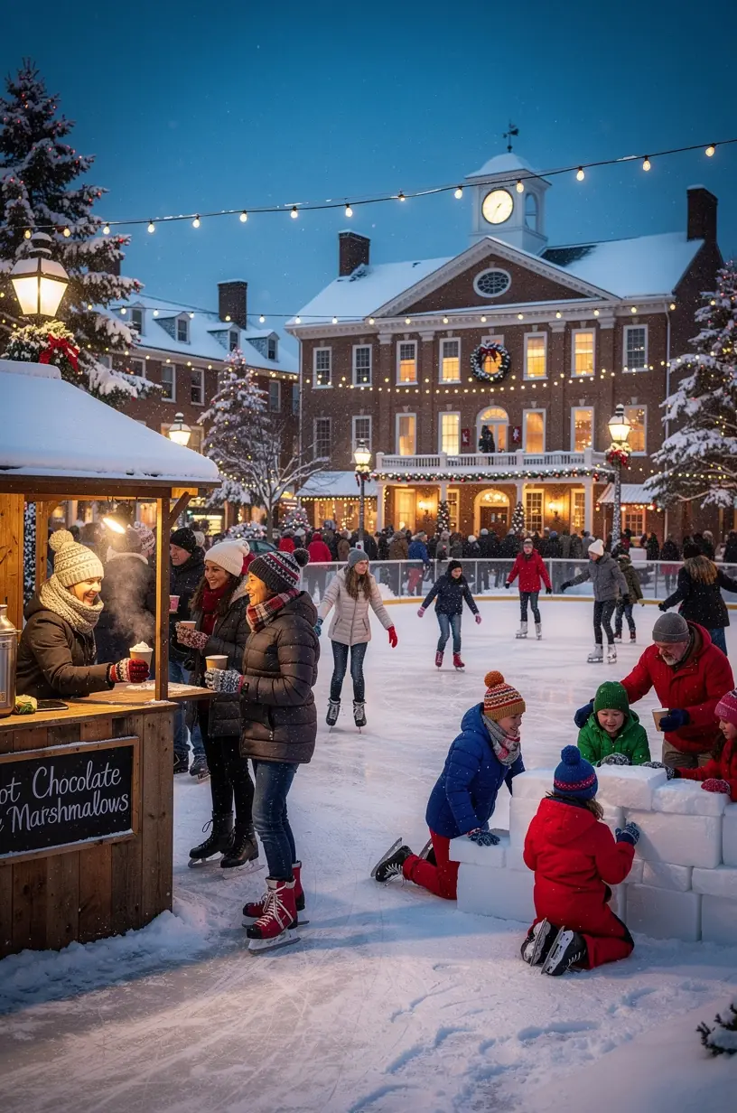 Charming small town main street decorated for winter holidays with snow-covered rooftops.